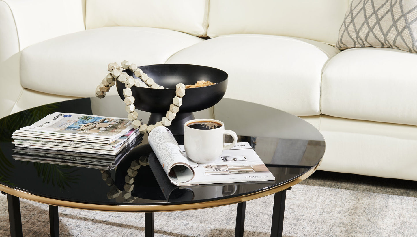 Xander 36" Modern Round Glass Top Coffee Table - Black and Gold with Metal Legs|Table à café ronde moderne Xander de 36 po avec dessus en verre - noire et dorée avec pattes en métal