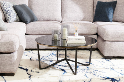 Xander 36" Modern Round Glass Top Coffee Table - Black and Gold with Metal Legs|Table à café ronde moderne Xander de 36 po avec dessus en verre - noire et dorée avec pattes en métal