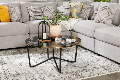 Xander 36" Modern Round Glass Top Coffee Table - Black and Gold with Metal Legs|Table à café ronde moderne Xander de 36 po avec dessus en verre - noire et dorée avec pattes en métal